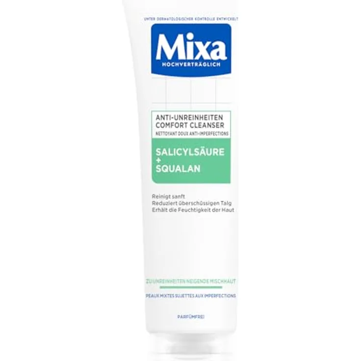 Mixa Anti-Unreinheiten Comfort Cleanser, Glättet das Erscheinungsbild der Poren, Mit Salicylsäure und Squalan, Geeignet für Gesicht & Hals, Hypoallergen, 150 ml