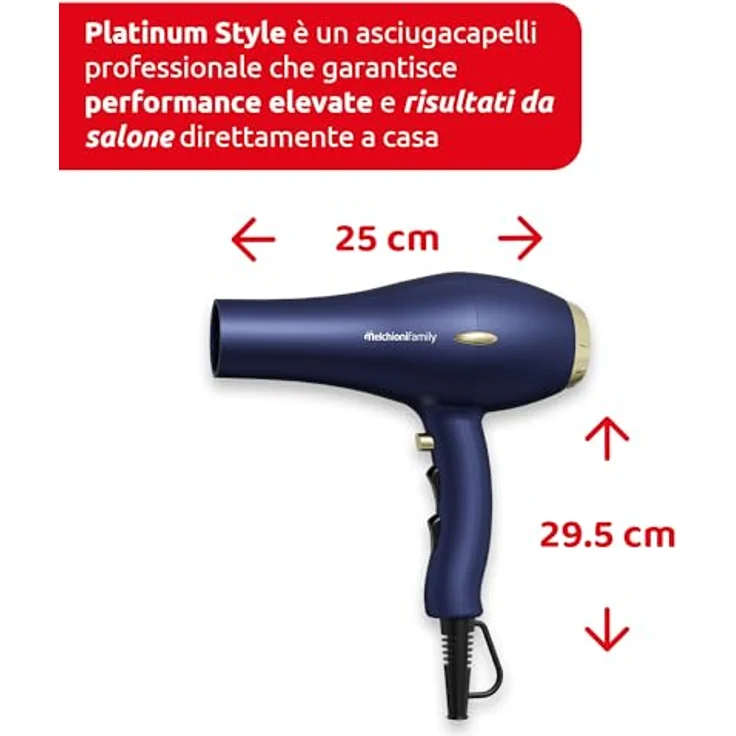 Melchioni PLATINUM STYLE Haartrockner, 2300W mit Auto-Abschaltung, 2 Geschwindigkeitsstufen, Kaltluftfunktion, Diffusor und Konzentrator – Bild 4