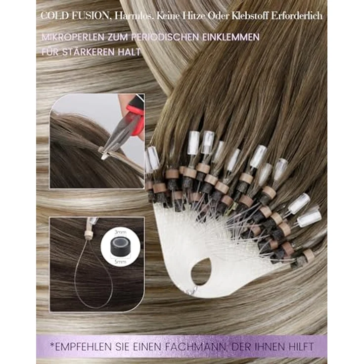 LaaVoo Microring Extensions Echthaar, Balayage Ombre Hellbraun bis Platinblond, 55cm 50g #8/60/8, wiederverwendbar und hitzestyling geeignet – Bild 3
