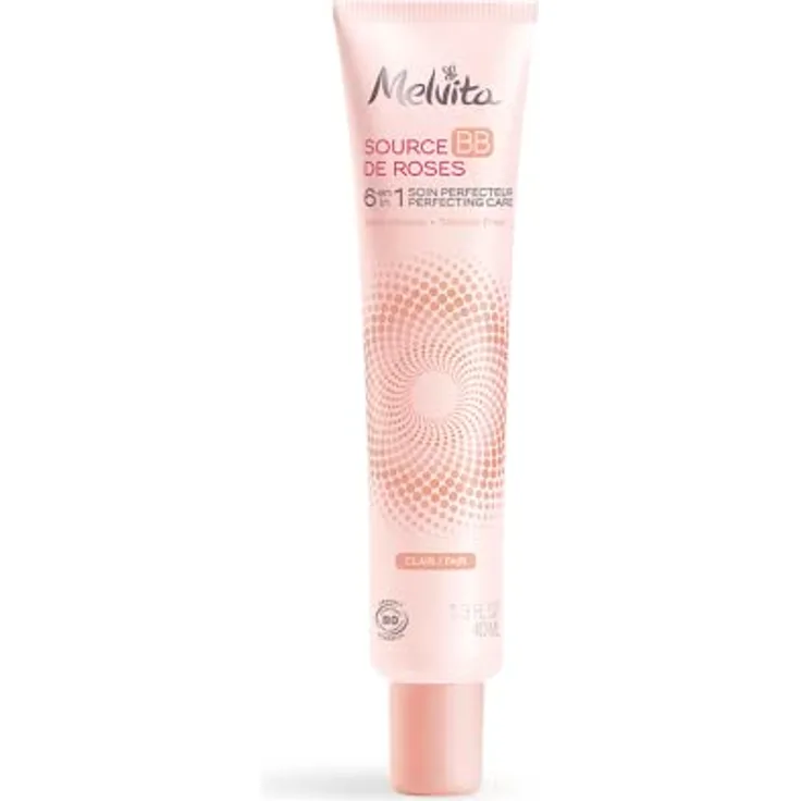 Melvita - BB Creme Source de Roses hell - 100% natürliche Pigmente - Bio-zertifiziert - ohne Silikon - natürliche Deckkraft - Vereinheitlicht und kaschiert Unvollkommenheiten - 6-in-1 - Tube 40 ml