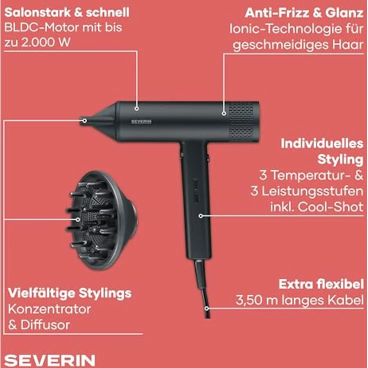 Severin 0170 Haartrockner, 2000 W mit BLDC-Motor, Ionic-Technologie und abnehmbaren Konzentrator, Schwarz – Bild 3