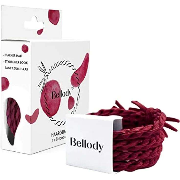 Bellody® Original Haargummis - Stylisch geflochtener Haargummi mit starkem Halt (4er Set - Bordeaux Red) - Damen Haarschmuck in Dunkel Rot – Bild 1
