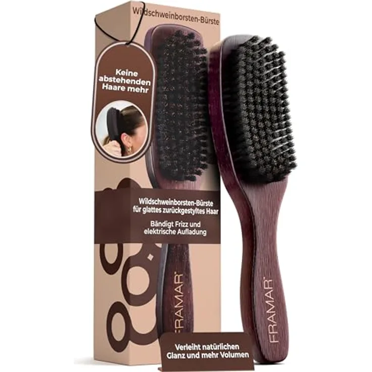 FRAMAR Sleek Bürste Wildschweinborsten, Haarbürste für Volumen und Glanz, brauner Samt