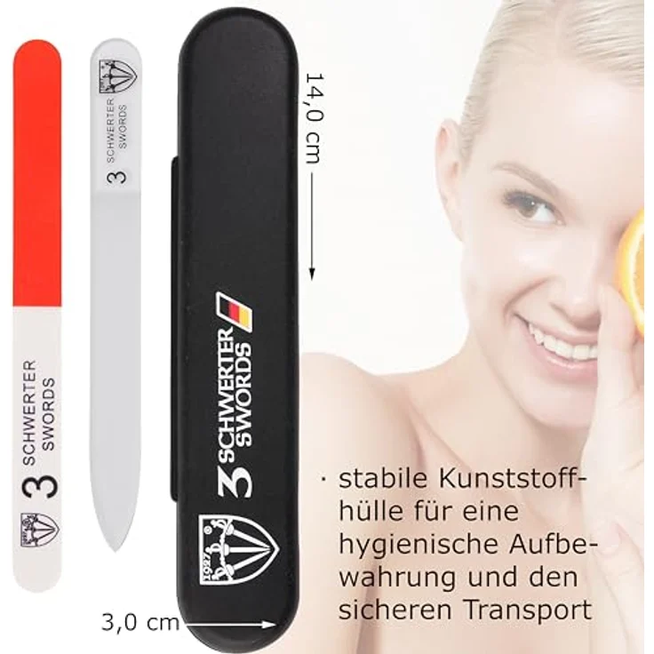 DREI SCHWERTER Glasnagelfeile doppelseitig, geschliffen, 11,5 cm, abwaschbar, inkl. 3-Weg-Nagelpolierer in Kunststoffschutzhülle – Bild 4