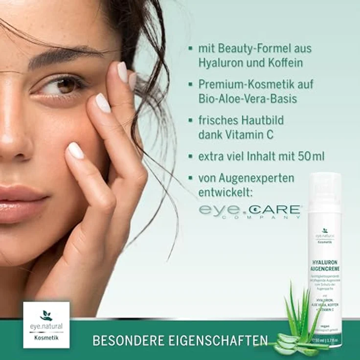 EYE CARE COMPANY Eye Natural Hyaluron Augencreme 50ml, vegane Pflege mit Aloe Vera, Koffein und Vitamin C, gegen Falten und Augenringe, Made in Germany – Bild 2
