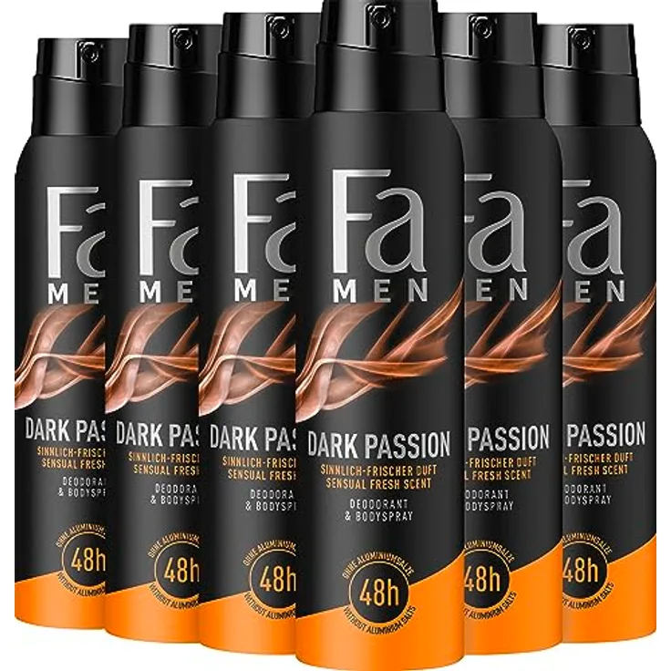 Fa Men Deodorant & Bodyspray Dark Passion, 6x 150 ml, Aluminiumfreies Deospray mit bis zu 48h Schutz, dermatologisch getestet, hinterlässt keine Rückstände