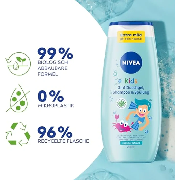 NIVEA KIDS 3in1 Duschgel, Shampoo & Spülung, extra milde Pflege mit magischem Apfelduft, 250 ml – Bild 2