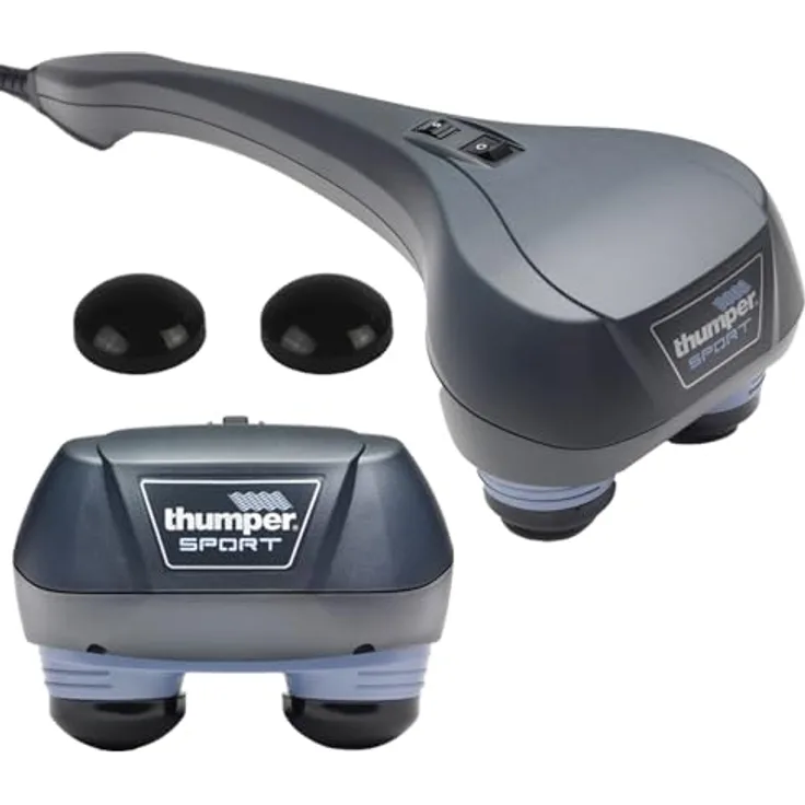 Thumper Massagegerät Sport, tragbares Klopfmassagegerät mit verstellbarer Intensität, 2 Massageaufsätzen, 1,4 kg, ergonomischer Griff