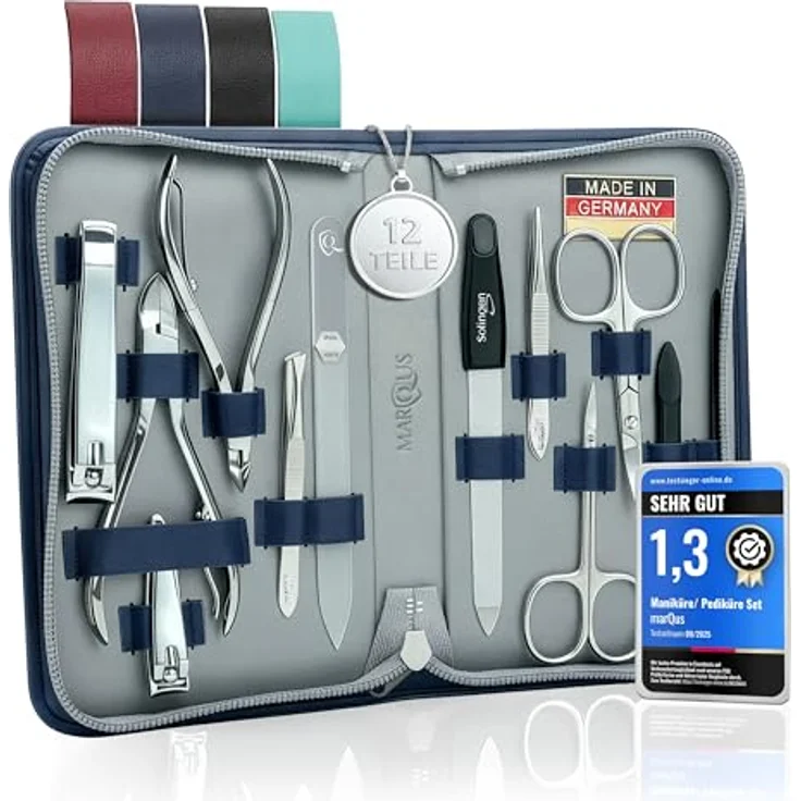 marQus Solingen Maniküre Pediküre Set, 12-teiliges Komplett Kit in blau mit Echtleder Etui für Hand- und Fußpflege – Bild 1