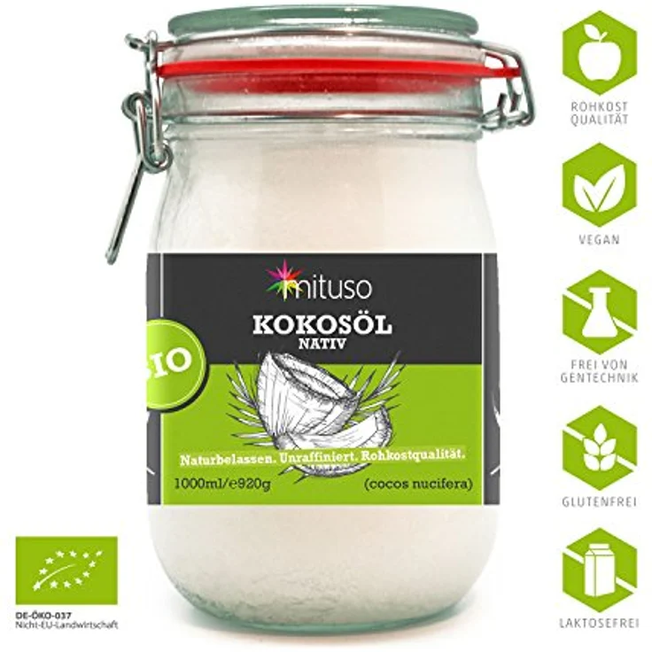 mituso Bio Kokosöl, nativ, 2er Pack (2 x 1000 ml) im Bügelglas – Bild 2