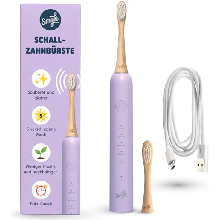 Smyle Schallzahnbürste mit Sensor – 3 Monate Akkulaufzeit, 5 Putzmodi, USB-C-Ladegerät, 2 Bürstenköpfe, wasserdicht – lila