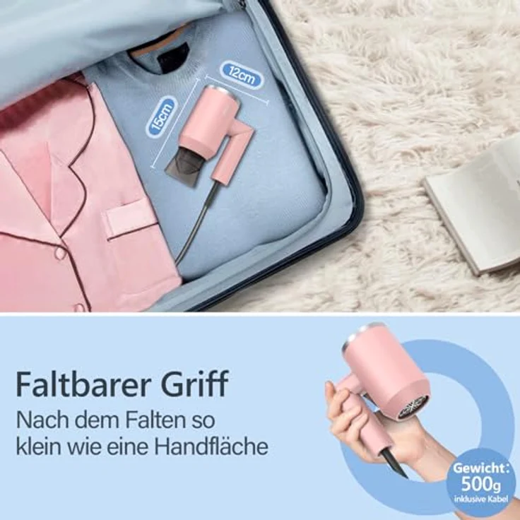 DEWILY Mini Föhn Ionen Klappbar, 1800W Reisehaartrockner mit 3 Heizstufen, leise und kompakt für gesunde, glänzende Haare – Bild 3