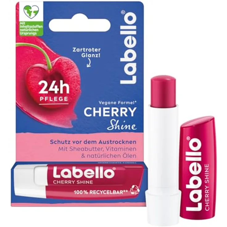 Labello Cherry Shine, Lippenpflegestift mit 24h Feuchtigkeit, zartrotem Glanz, Sheabutter und Kirscharoma, 4,8 g