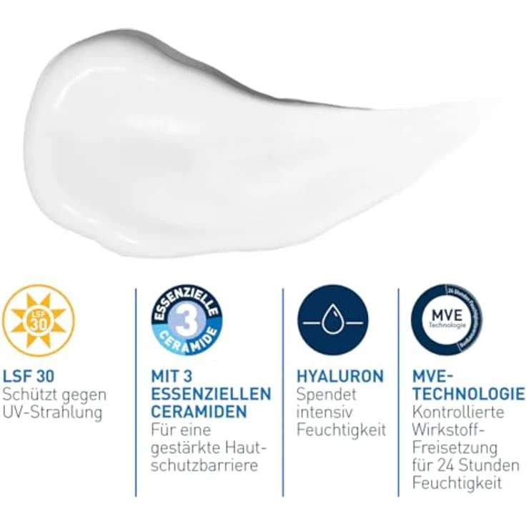 CeraVe Gesichtscreme mit LSF 30, Feuchtigkeitsspendende Creme mit Lichtschutzfaktor 30, Ohne Duftstoffe und Parabene, Bei normaler bis trockener Haut, 52 ml – Bild 2