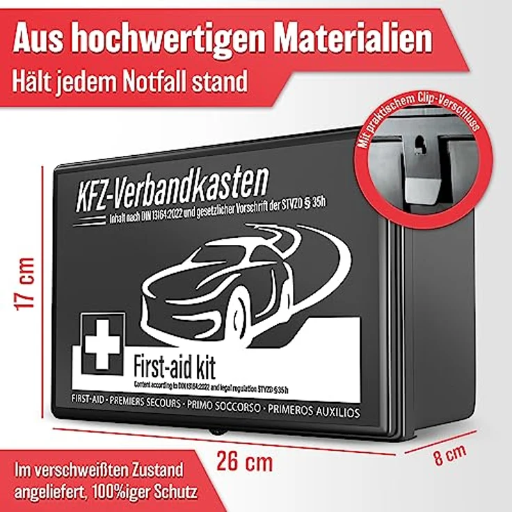 HELDENWERK Auto Verbandskasten 2026, StVO konform, DIN 13164 zertifiziert, inkl. 2x Mundschutzmasken, mehrsprachige Anleitung, staubgeschützt und steril verpackt – Bild 4