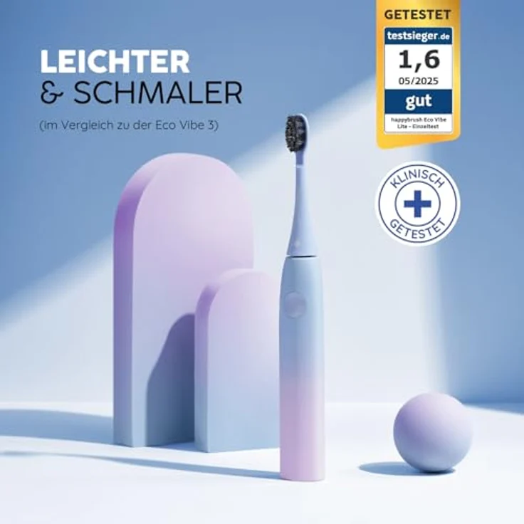 happybrush Eco Vibe Lite Schallzahnbürste mit Timer, 6 Wochen Akku, Travel-Lock & Indikatorborsten, Reisefreundlich – Bild 7