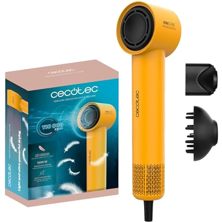 Cecotec Ionicare Rockstar Style, Kompakter gelber Haartrockner mit 1500W Motor, 110.000 U/min, Ionengenerator, 4 Temperaturen, 3 Geschwindigkeiten, leise Brushless-Technologie – Bild 1