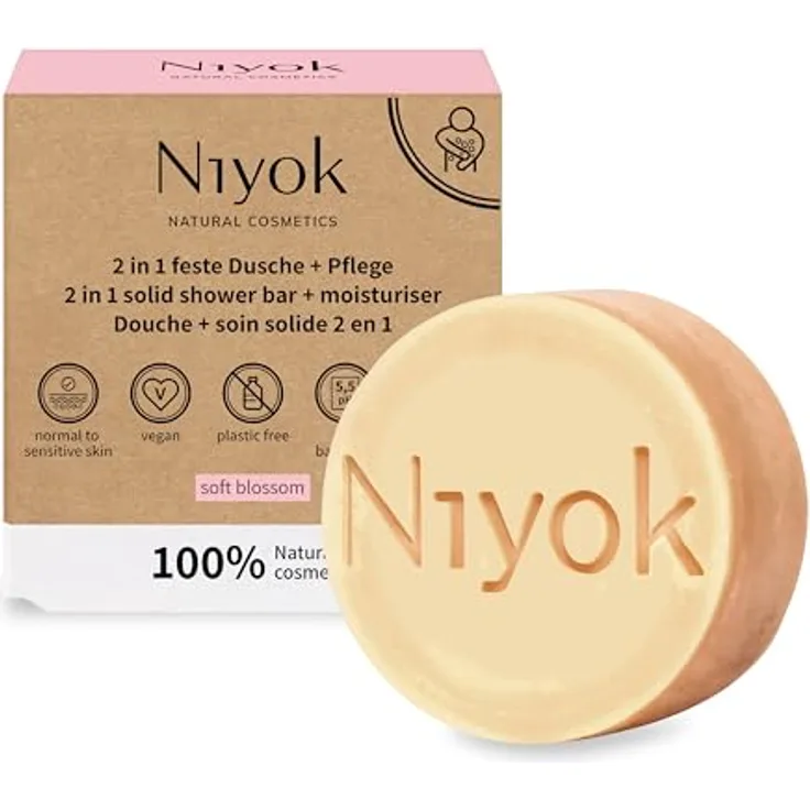 Niyok® 2-in-1 Feste Dusche + Pflege "Soft Blossom" (80g) • Naturkosmetik Duschseife • Festes Duschgel für alle Hauttypen • Vegane Seife für Körper & Hände • Plastikfrei & Vegan
