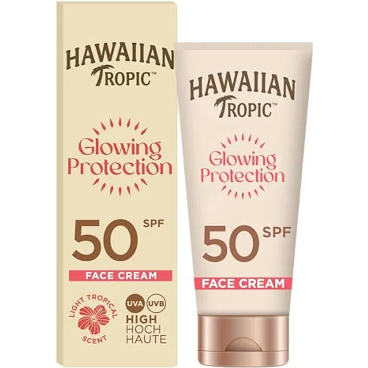 Hawaiian Tropic Glowing Protection Gesichts-Sonnenlotion, wasserfest, LSF 50, UVA- + UVB-Schutz, 50ml, tropischer Duft, mit Sheabutter