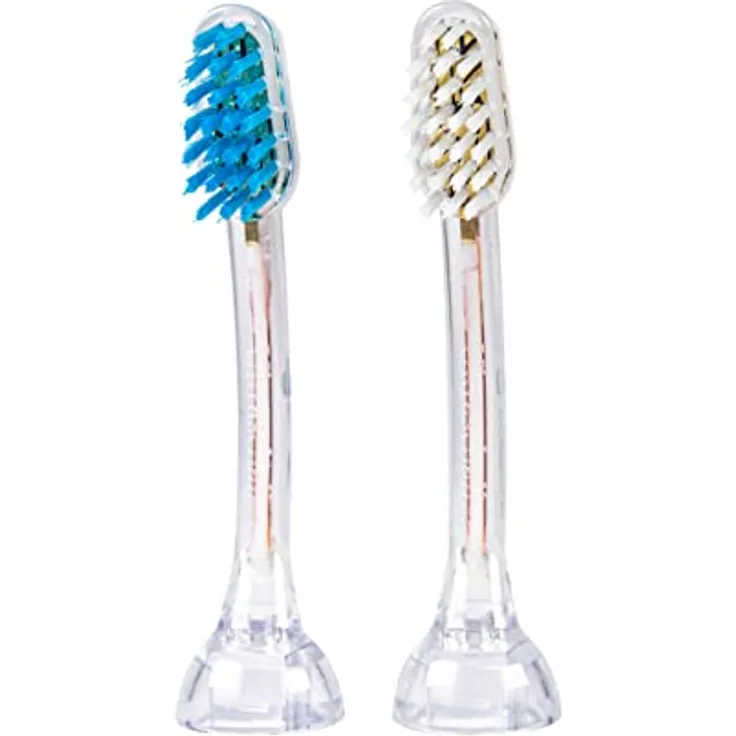 Emmi-dent 2x Zahnbürstenaufsatz E2 Wave, Ultraschall-Ersatzbürsten für ungerade Zähne, 1x Blau + 1x Weiß, für Metallic- & Professional-Serie