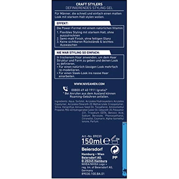 Nivea Men Craft Stylers Definierendes Styling Gel, Haargel mit Semi-matt Finish, schnelles und einfaches Haarstyling mit starkem Halt, 1er-Pack (1 x 150 ml) – Bild 2