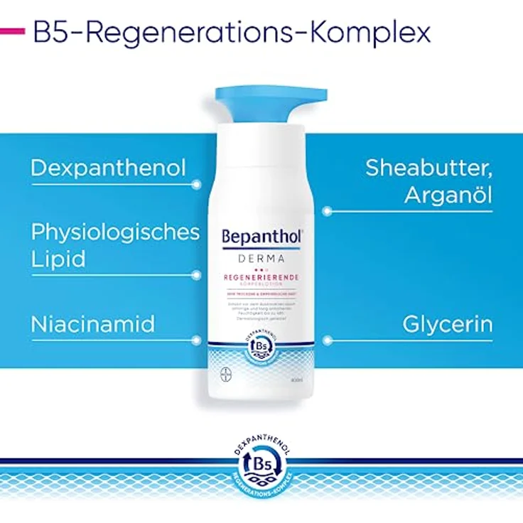 Bayer Vital GmbH Bepanthol Derma regenerierende Körperlotion, 400 ml, für sehr trockene und empfindliche Haut, ohne Duftstoffe, 90% natürliche Inhaltsstoffe – Bild 6