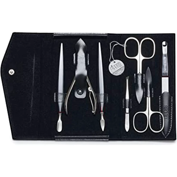 Nippes Seam Maniküre-Set schwarz, inkl. Hautschere, Nagelschere, Saphirfeile, Pinzette, Reiniger, Nagelhautschieber & aus rostfreiem Stahl, Rindleder-Etui – Bild 2