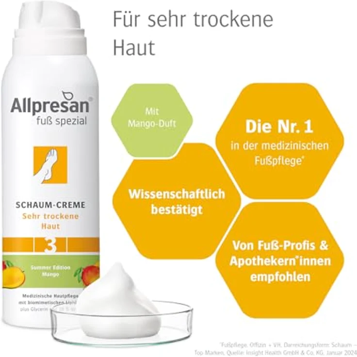 Allpresan Fuß Spezial Nr. 3, Schaum-Creme mit Mango Duft, 2x125 ml für sehr trockene Haut, intensive Feuchtigkeitsversorgung, angenehmes Auftragen – Bild 3