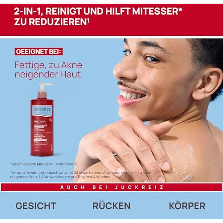 DEXERYL Schäumendes Anti-Unreinheiten Gel mit 2% Salicylsäure, seifenfreie Gesichts- und Körperreinigung für fettige, zu Akne neigende Haut, reduziert Pickel¹ und Mitesser, 400 ml – Bild 4