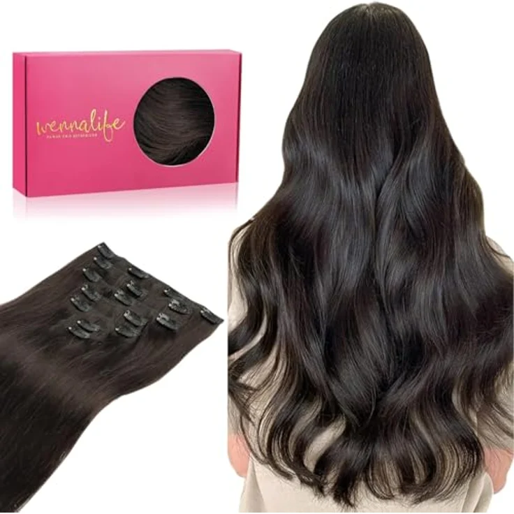 WENNALIFE Clip in Extensions Echthaar, 35cm 120g, 7pcs Dunkel Braun, Remy Haarverlängerung mit stabilen Clips – Bild 1
