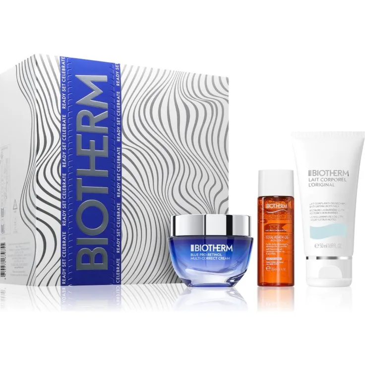 Biotherm Blue Pro-Retinol Multi Correct Cream Geschenkset, Gesichtsreinigung mit Retinol, 50 ml + 30 ml Schaum-Öl + 50 ml Bodylotion