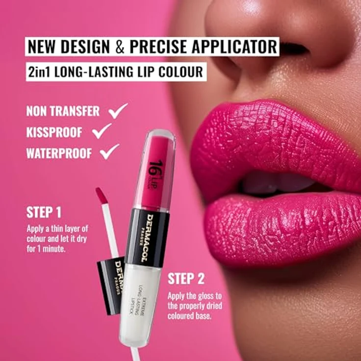 Dermacol 16H Lip Colour, langlebiger, glänzender Lippenstift, Farbton 08 Pink Tastic, 2x4 ml, hohe Pigmentierung, feuchtigkeitsspendend – Bild 2