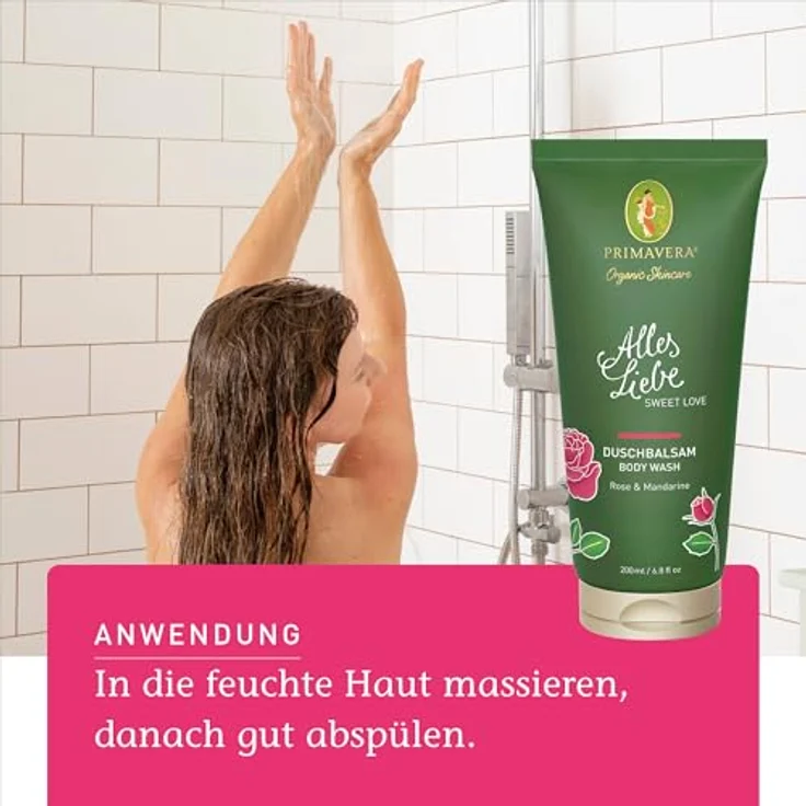 Primavera Alles Liebe Duschbalsam, Duschgel 200 ml mit Bio-Orangenblütenwasser, Rosenöl und Mandarinenöl für Damen – Bild 4
