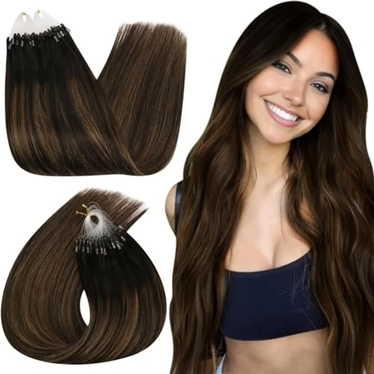 Ugeat Micro Ring Extensions Echthaar, Braun Ombre 50 cm, 50 Strähnen, Hitzefrei, Remy-Echthaar – Bild 1