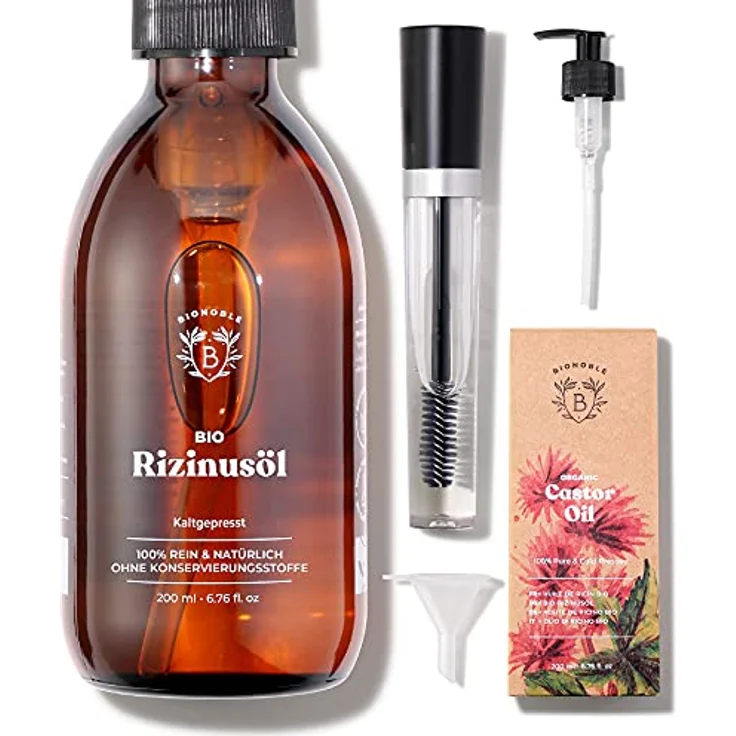 Bionoble Rizinusöl Bio 200ml - 100% Rein, Natürlich und Kaltgepresst - Wimpern, Augenbrauen, Haare, Bart, Nägel - Vegan und Cruelty Free - Castor Oil - Glasflasche + Pumpe + Mascara Kit – Bild 1