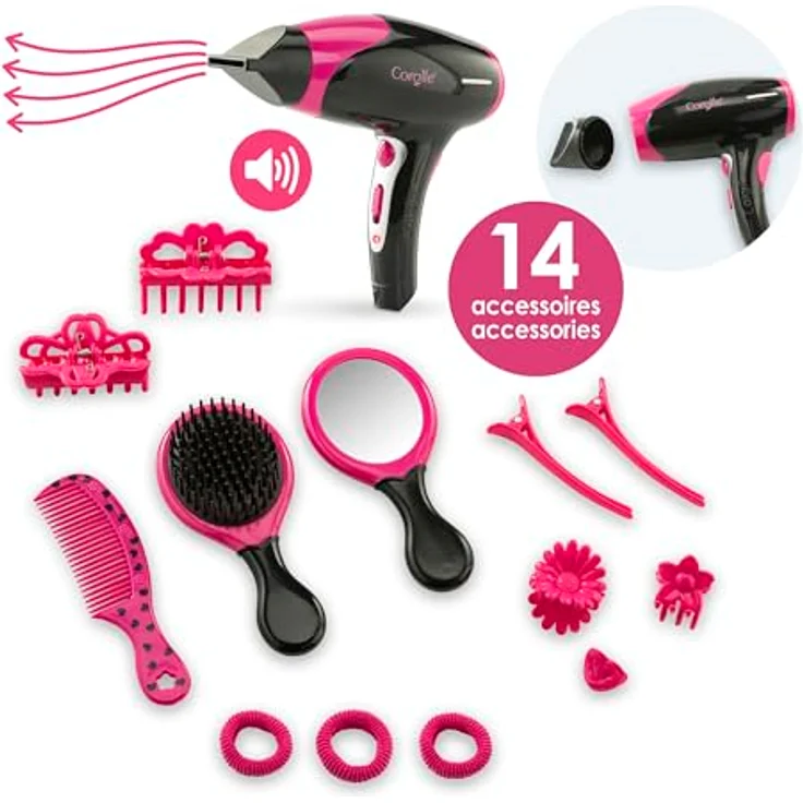 Corolle MaCorolle Haarstyling Set, 14 Teile, Stylingzubehör mit Fön, elektrischer Funktion, Bürste, Kamm, Spiegel, Haarclips und Gummis, ab 3 Jahre – Bild 2