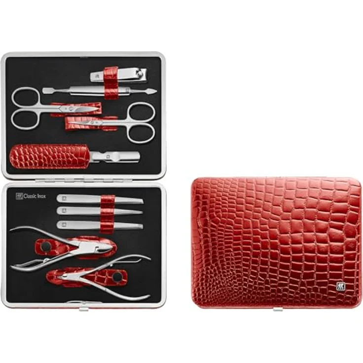 ZWILLING Maniküre Set Pediküre Kit, Nagelpflege Komplettset, Rindleder, Kroko Edition, 10-teilig, Rot – Bild 1