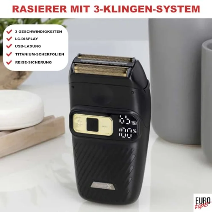 EUROtops Elektro-Rasierer Herren, 3-Klingen-System mit Titan-Scherfolien, USB mit LC-Display und 3-stufiger Geschwindigkeitsanpassung – Bild 2
