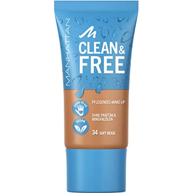 Manhattan Clean & Free Skin Tint Fb. 34 Soft Beige, feuchtigkeitsspendendes Make-up, vegan, 30 ml