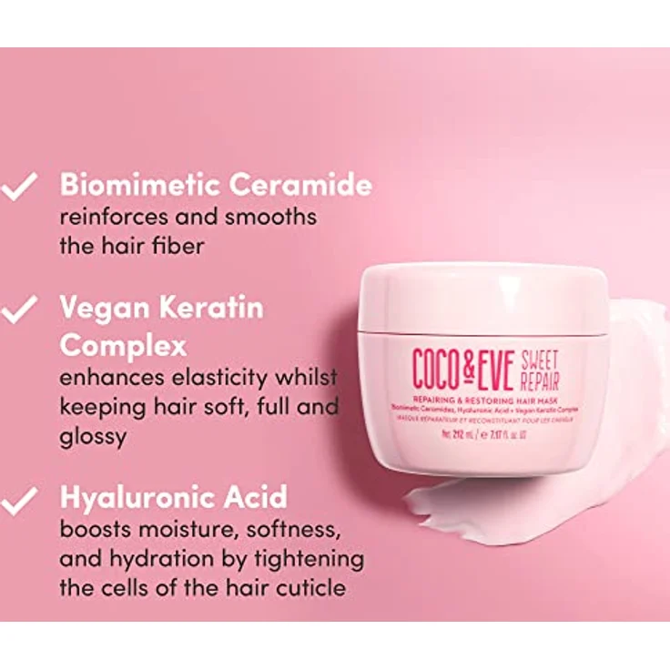 Coco & Eve Sweet Repair Haarmaske. Mischung aus biomimetischen Ceramiden, Hyaluronsäure, veganem Keratin. Repariere trockenes, geschädigtes Haar, erhöhe die Feuchtigkeitszufuhr und den Glanz (212 ml) – Bild 3