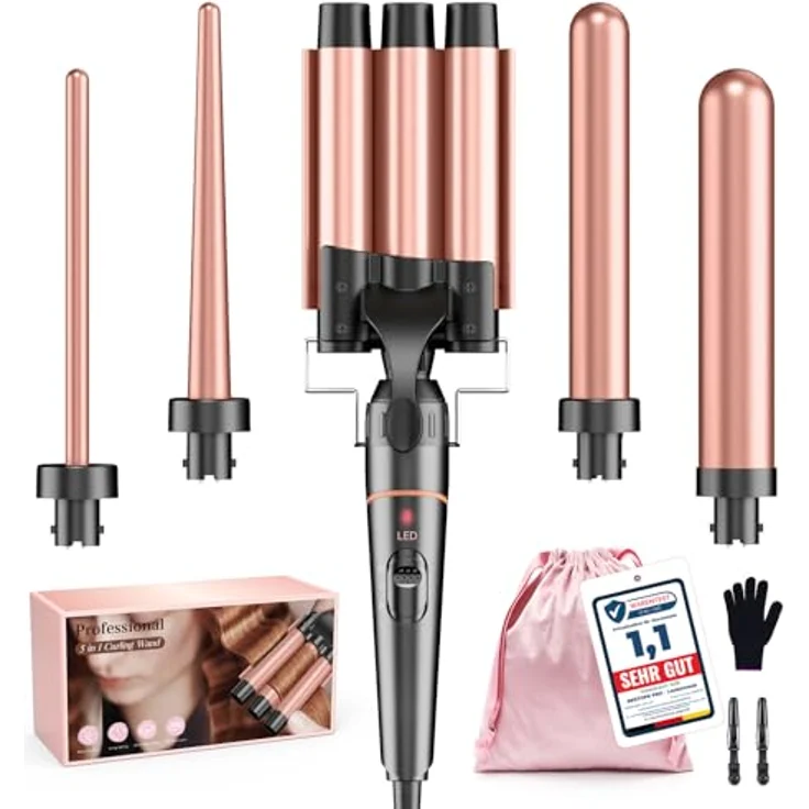 BESTOPE PRO Lockenstab Set 5-in-1, 3 Keramikfässer für große Locken & Wellen, schnelles Aufheizen, 2 Temperaturstufen, inklusive Hitzeschutzhandschuh & Clips, Dual Voltage – Bild 1