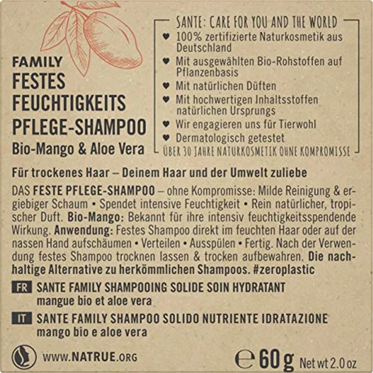 Bio Shampoo Bar Von Sante Naturkosmetik Feuchtigkeits Festes Shampoo Für Trockenes Haar Mit Bio-Aloe Vera Und Mango Wie Eine Haarseife Zertifiziert & Vegan 60 ml – Bild 2