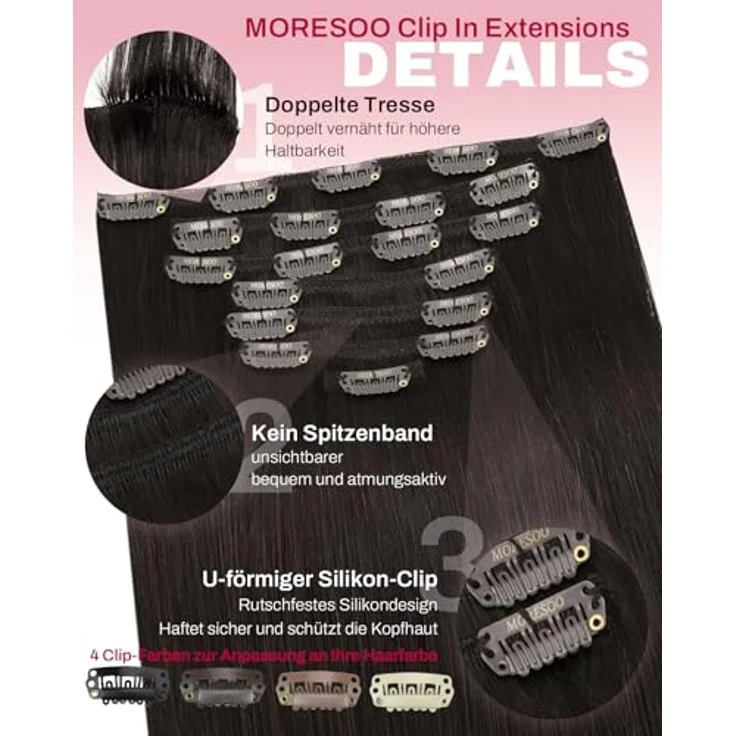 Moresoo Clip in Extensions, 45 cm Echthaar, 7 Stück, 120 g, leicht zu tragen, in verschiedenen Farbabstimmungen – Bild 4