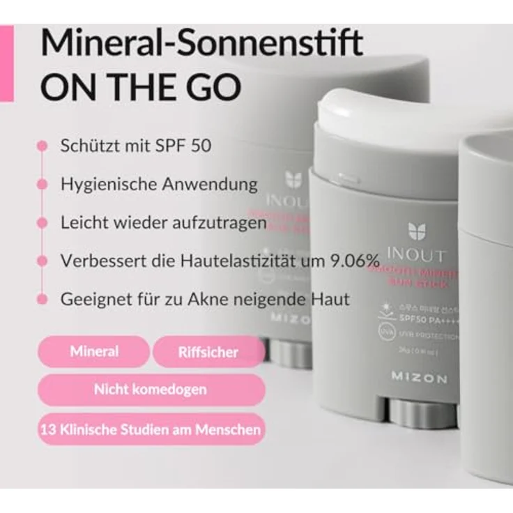 Mizon Inout Smooth Mineral Sun Stick SPF50 PA++++, Sonnencreme für empfindliche Haut mit Hyaluronsäure und Kamelienkernöl, 26g – Bild 2