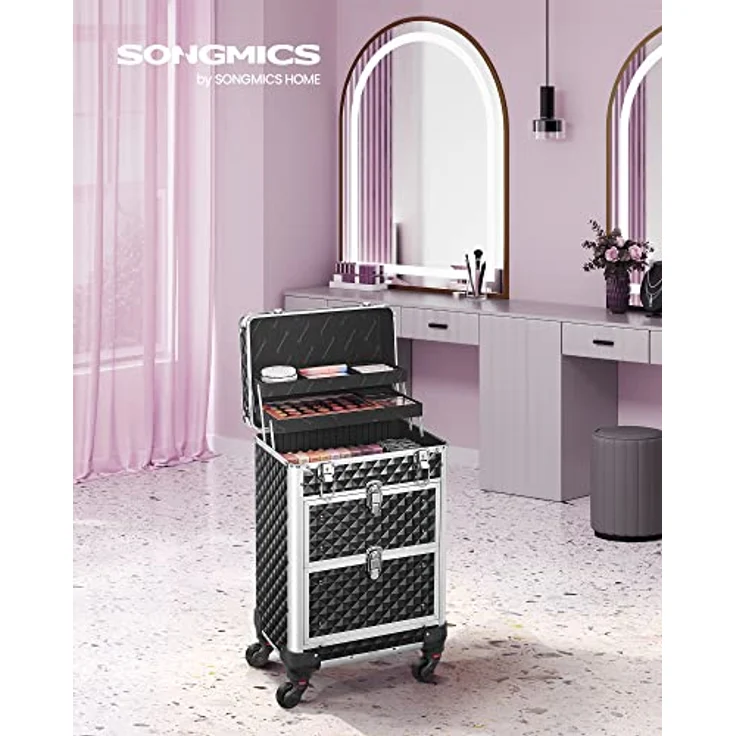SONGMICS Kosmetikkoffer Trolley, Schminkkoffer 2 Schubladen, Friseurkoffer groß, Make-up Koffer, 34 x 24 x 56 cm, Rollen 360° drehbar, Reisen, Friseure, Geschenkidee, schwarz JHZ08BK – Bild 2