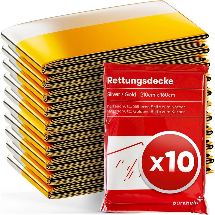 Purahelp Erste-Hilfe-Set PURAHELP Rettungsdecke Gold Silber - Kompakte Rettungsdecken für Auto, Wandern & Camping, 10 St - Wetterfeste Notfalldecke