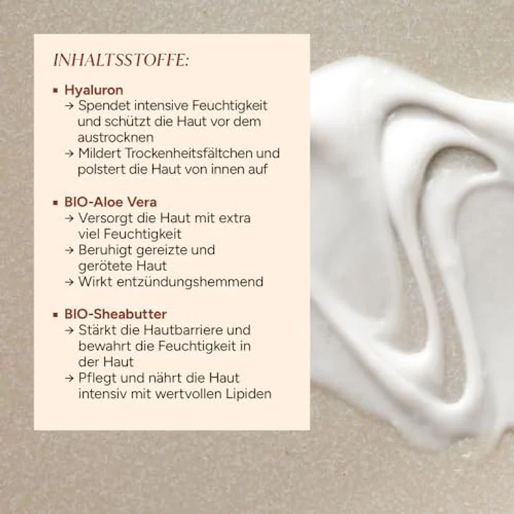 JUNGLÜCK Hyaluron Creme Hochdosiert, Reichhaltige Anti Aging Feuchtigkeitscreme mit 0,5% Hyaluronsäure, BIO Aloe Vera und BIO Shea Butter, Tages- & Nachtcreme, spendet intensiv Feuchtigkeit – Bild 3