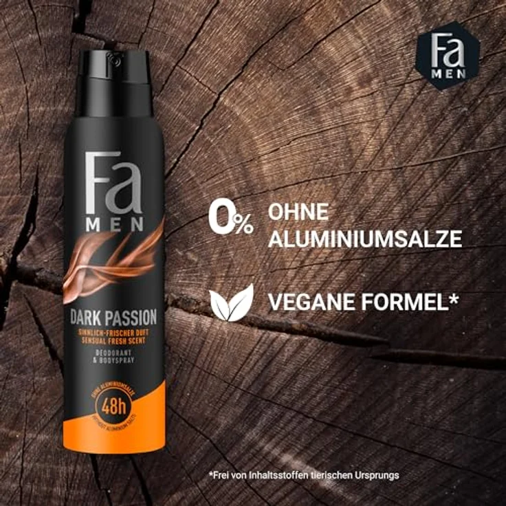 Fa Men Deodorant & Bodyspray Dark Passion, 6x 150 ml, Aluminiumfreies Deospray mit bis zu 48h Schutz, dermatologisch getestet, hinterlässt keine Rückstände – Bild 5