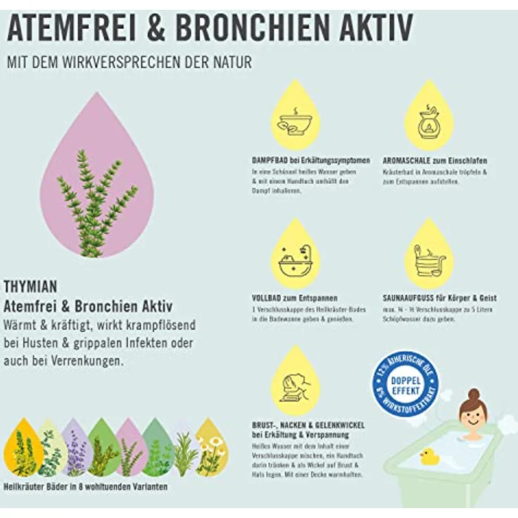 ARYA LAYA Heilkräuter-Bad Atemfrei & Bronchien Aktiv, 200 ml - Wellness-Badezusatz mit Thymian-Extrakt, krampflösend bei Husten, vegan – Bild 4