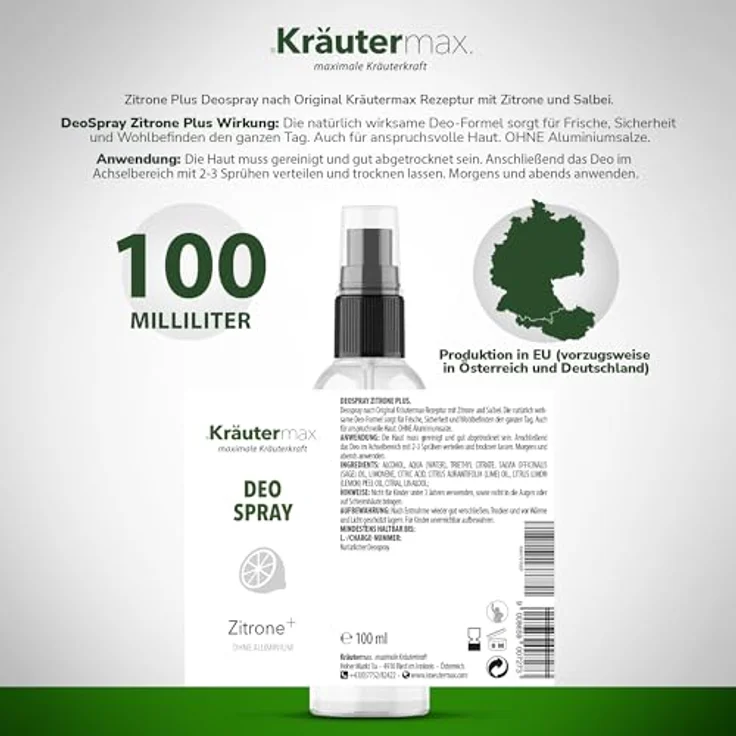 Kräutermax Zitronen Deo ohne Aluminium im praktischen Sprüher - fruchtiger Lemon Damen-Duft für frische & Wohlbefinden den ganzen Tag über - Deo Spray aus Zitronen Öl & Salbei | 100ml – Bild 2